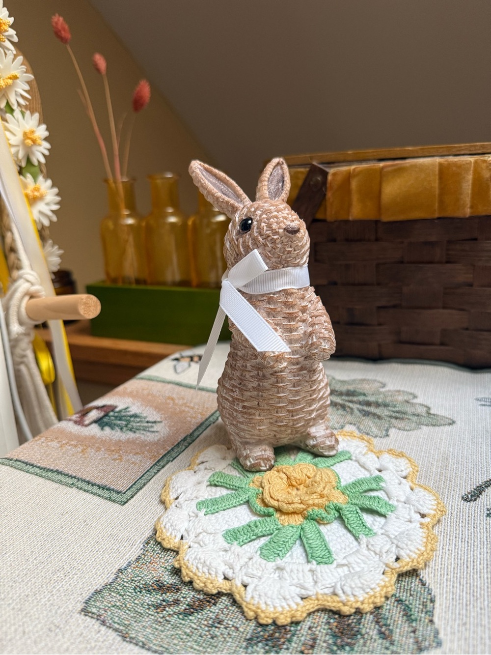 Woven Bunny Figurine with White Ribbon
